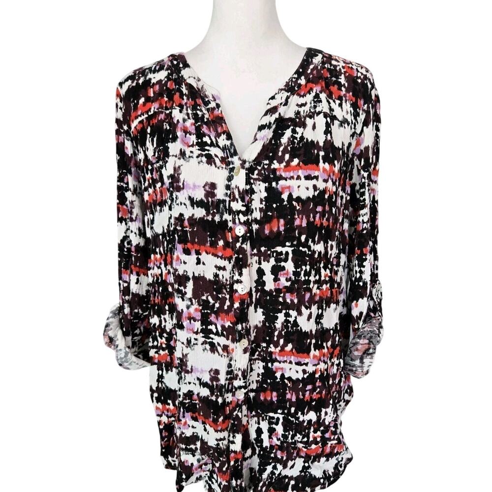 Fig And Flower Anthropologie Button Up Abstract Blouse Top Roll Tab Sleeve Sz 2x